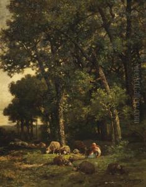 A Shepherdess With Her Flock In The Woods Oil Painting by Charles Emile Jacque