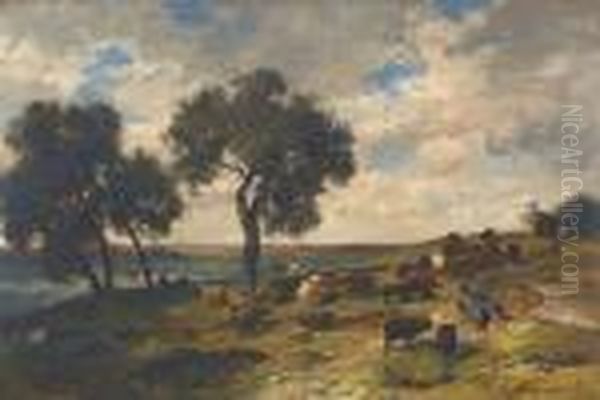 Landschaft Mit Schafer Und Seiner Herde Oil Painting by Charles Emile Jacque