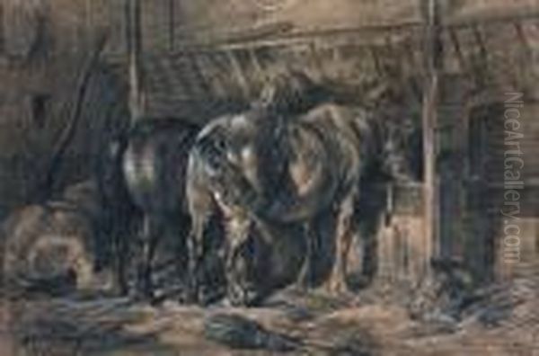 Chevaux A L'ecurie Oil Painting by Charles Emile Jacque