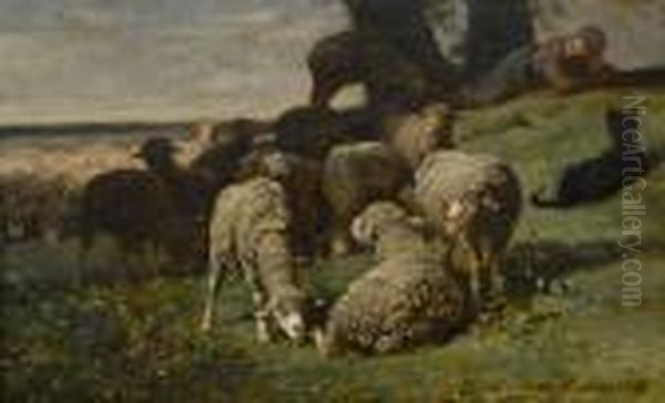 Flock Of Grazing Sheep Oil Painting by Charles Emile Jacque