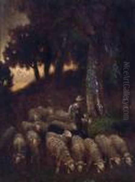 Shepherd Herding His Flock Oil Painting by Charles Emile Jacque