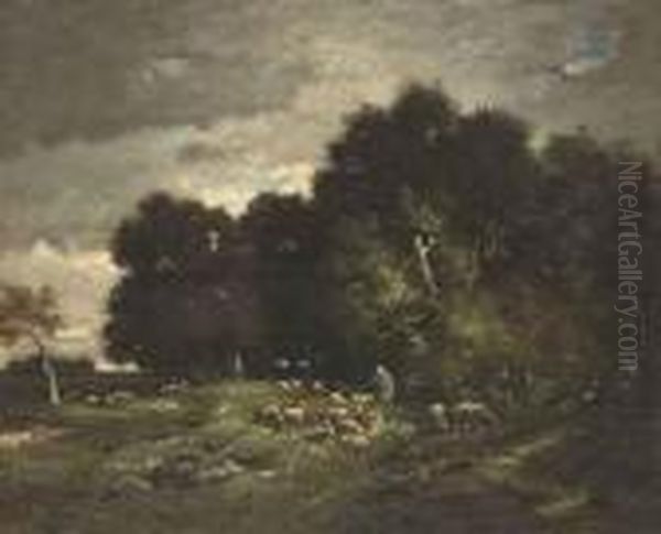 A Shepherd Grazing His Flock Oil Painting by Charles Emile Jacque