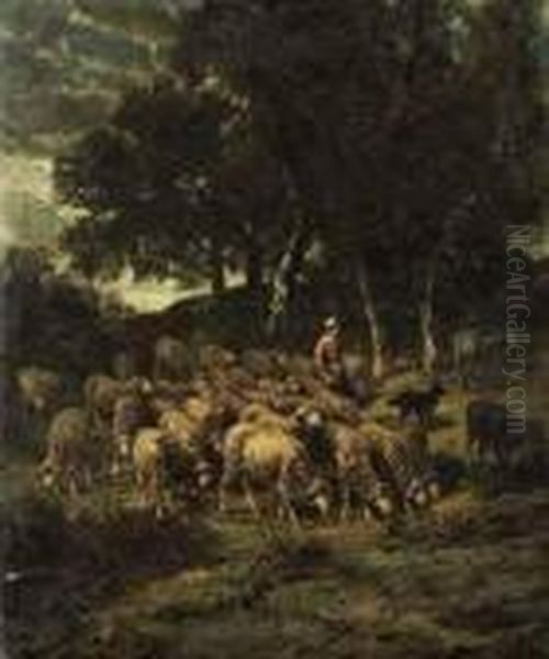 Shepherdess And Her Flock Oil Painting by Charles Emile Jacque