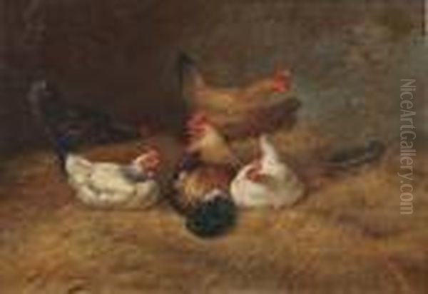 Cockerels And Chickens In The Hay Oil Painting by Charles Emile Jacque