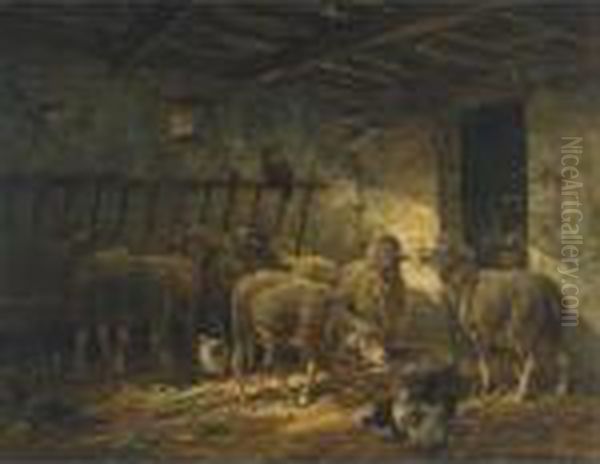 Sheep In A Barn Oil Painting by Charles Emile Jacque