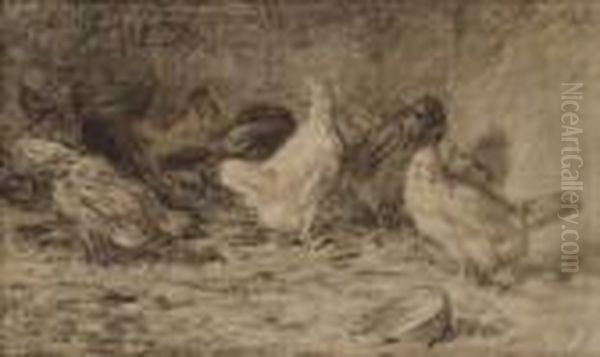 Poules Oil Painting by Charles Emile Jacque