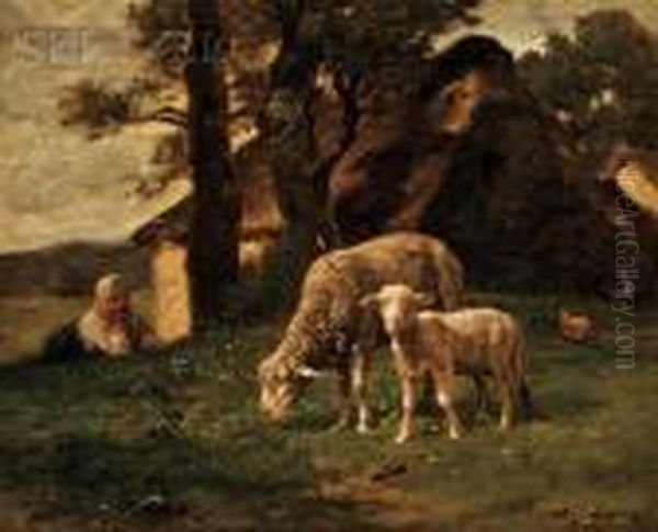 View Of A Shepherdess Watching A Grazing Ewe And Lamb Atpasture Oil Painting by Charles Emile Jacque