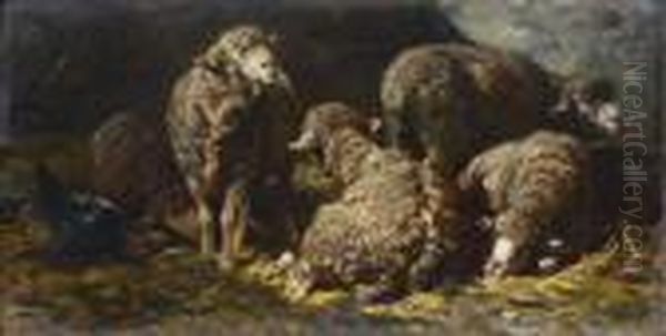 Moutons Dans La Bergerie Oil Painting by Charles Emile Jacque