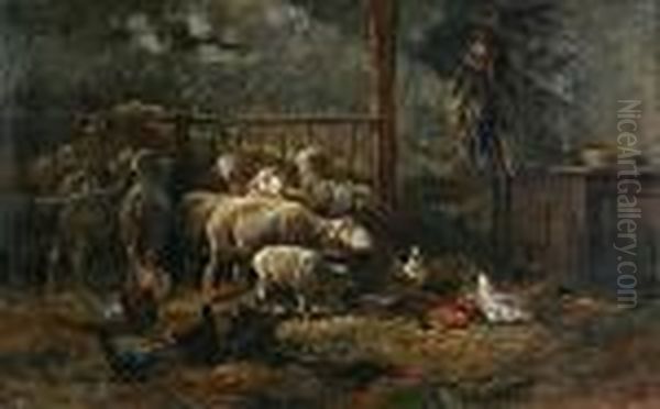 Sheep And Chickens In A Stable Oil Painting by Charles Emile Jacque