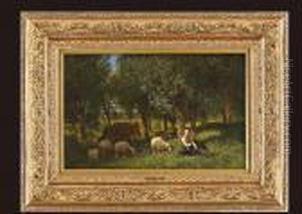 Sheperdess Girl With The Flock Of Sheep Oil Painting by Charles Emile Jacque