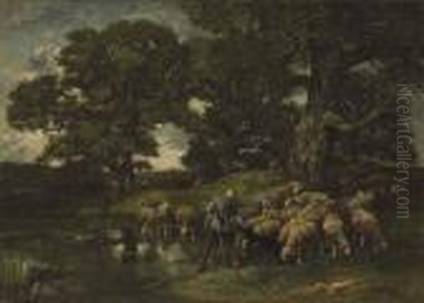 A Shepherd And His Flock By The Edge Of A Pond Oil Painting by Charles Emile Jacque