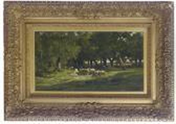 Sheep Resting In The Sunlight In A Forest Clearing Oil Painting by Charles Emile Jacque