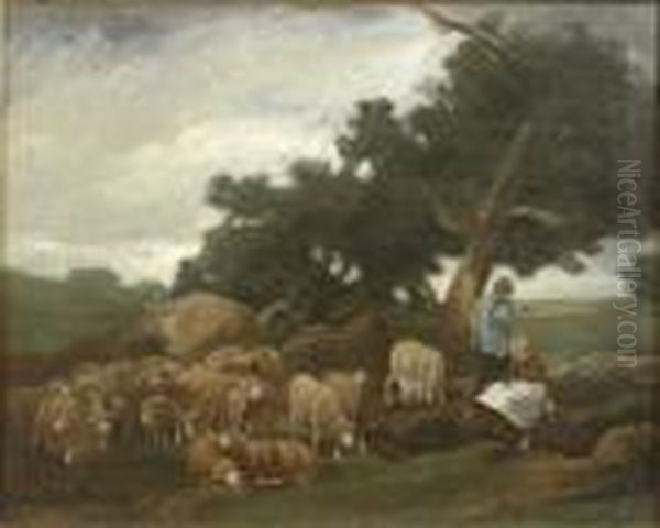 Shepherds Resting With Their Flock Beneath Trees Oil Painting by Charles Emile Jacque