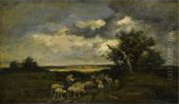 Shepherd With A Flock Of Sheep Oil Painting by Charles Emile Jacque