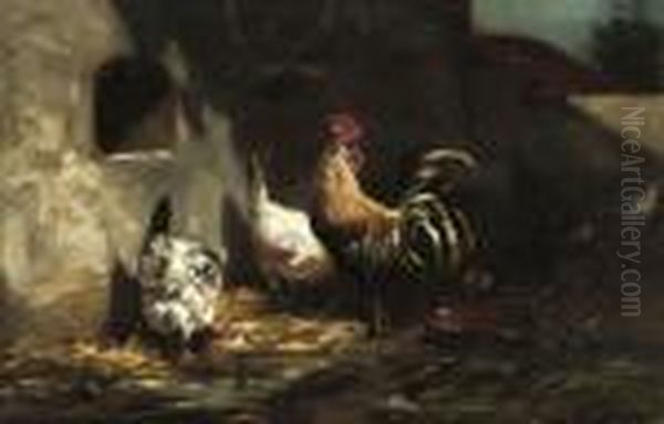 Poultry Feeding In The Farmyard Oil Painting by Charles Emile Jacque