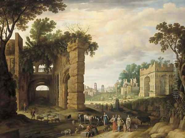 The Roman Forum with drovers and watercarriers on a path in the foreground Oil Painting by Willem van, the Younger Nieulandt