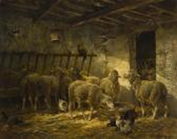 Sheep In A Barn. Oil Painting by Charles Emile Jacque