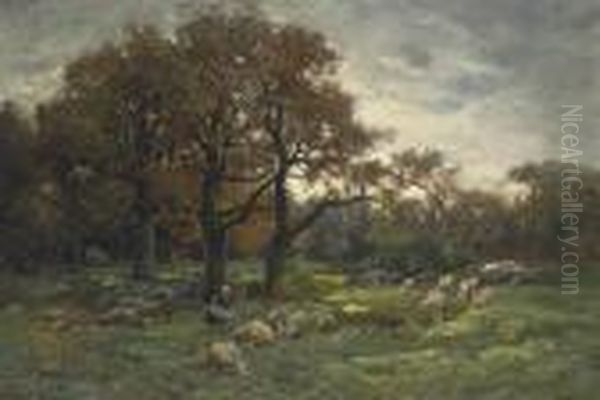 Shepherdess In A Forest At Dusk Oil Painting by Charles Emile Jacque