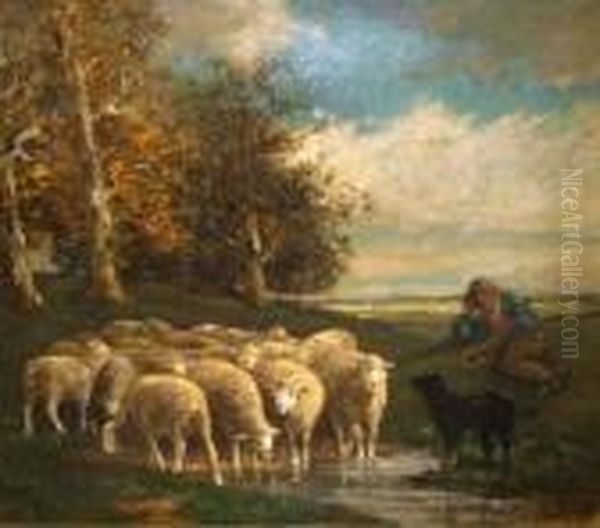 Youngshepherd Boy Resting On A Hillock, Dog Watching Sheep Watering Oil Painting by Charles Emile Jacque