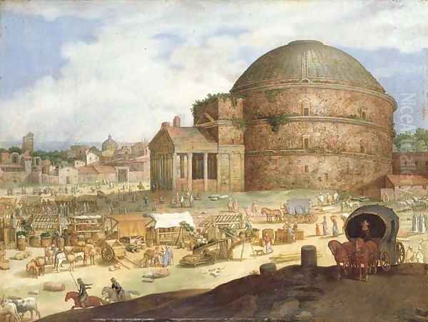 A view of the Pantheon, Rome, with townsfolk at a market Oil Painting by Willem van, the Younger Nieulandt