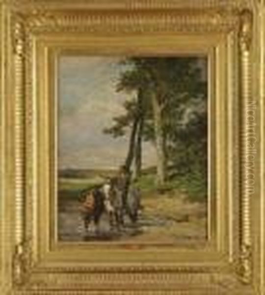 Chevaux S'abreuvant Oil Painting by Charles Emile Jacque