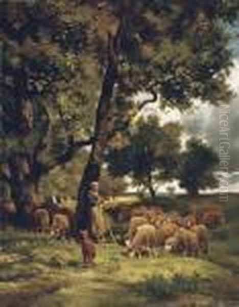 The Shepherdess And Her Flock Oil Painting by Charles Emile Jacque