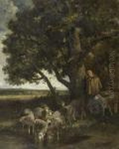 Herdsmen With Sheep Under A Tree. Oil Painting by Charles Emile Jacque