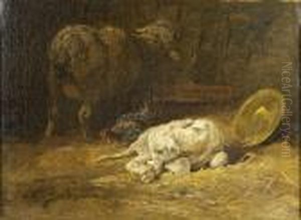 Les Animaux Dans L'etable Oil Painting by Charles Emile Jacque