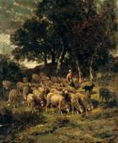 A Shepherdess And Her Flock Oil Painting by Charles Emile Jacque