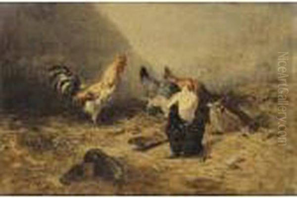 Coq Et Poules [charles-emile-jacque, Cock And Hens, Oil On Canvas, Signed] Oil Painting by Charles Emile Jacque