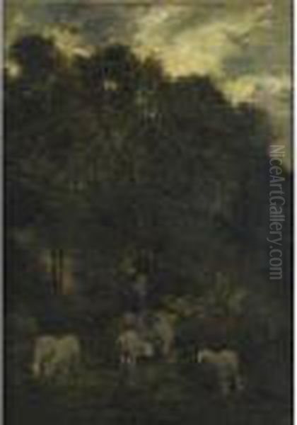 Shepherd With A Flock Of Sheep Oil Painting by Charles Emile Jacque