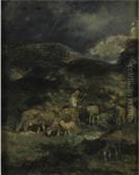 Shepherd With Sheep On A Stormy Day Oil Painting by Charles Emile Jacque