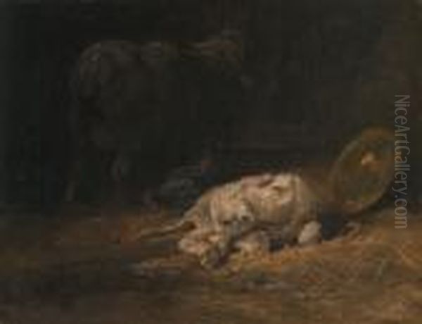 L'agneau Et La Brebis A L'etable Oil Painting by Charles Emile Jacque