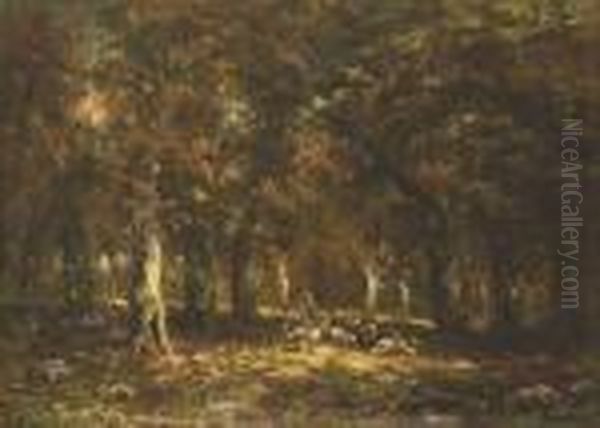 Woods Inside With A Flock Of Sheep Oil Painting by Charles Emile Jacque