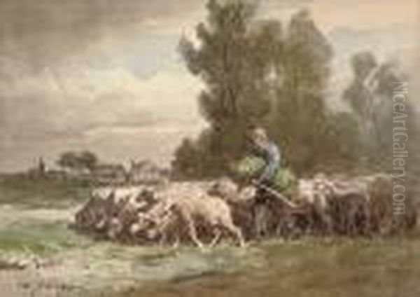 Leading The Flock To Pasture Oil Painting by Charles Emile Jacque