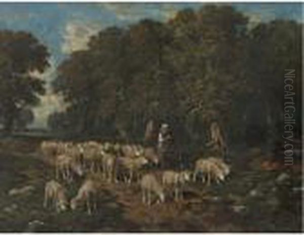 A Shepherdess With Her Flock Oil Painting by Charles Emile Jacque