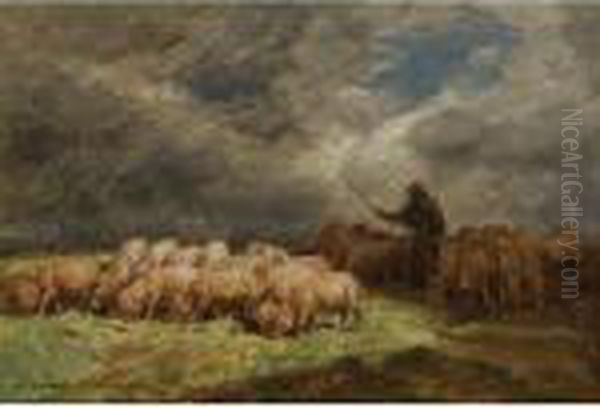 Swineherd Oil Painting by Charles Emile Jacque