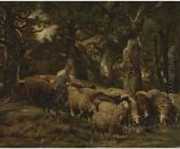 A Shepherd And His Flock Stopping To Drink Oil Painting by Charles Emile Jacque