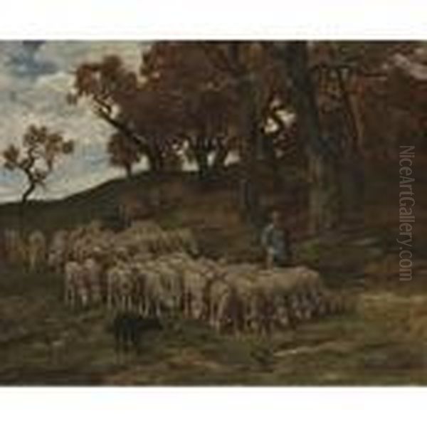 A Shepherd With His Flock In The Woods Oil Painting by Charles Emile Jacque