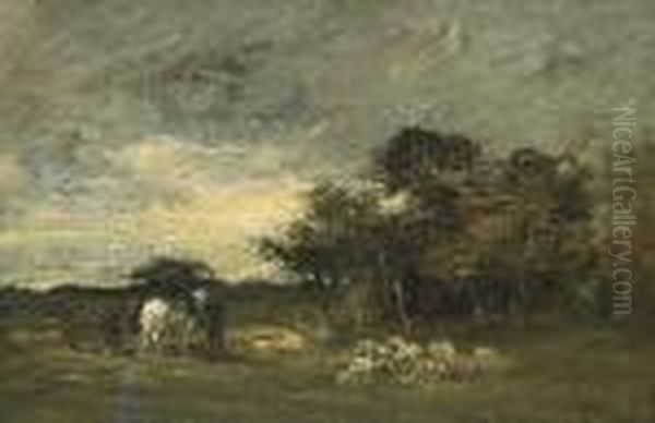 A Windy Landscape With Two Horses, A Figure, A Plow And A Flock Of Sheep Oil Painting by Charles Emile Jacque