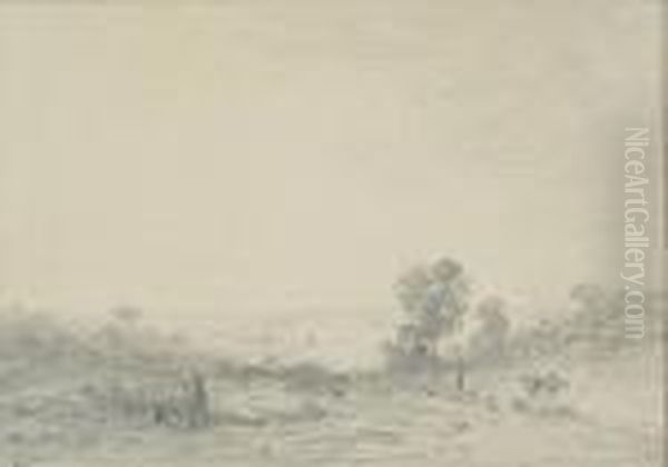 Five Drawings: (i)landscape With
 Shepherds (ii)peasant Group At A Table (iii)resting Cow (iv)hen 
(v)rooseter Oil Painting by Charles Emile Jacque