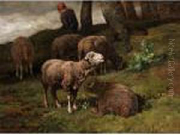 Shepherdess With Her Flock Oil Painting by Charles Emile Jacque