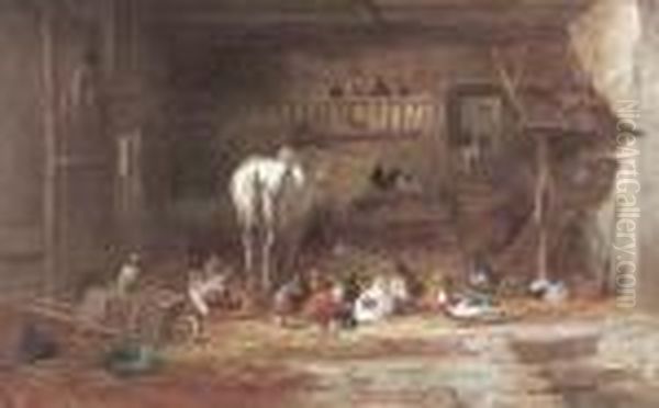 Tiere Im Stall. Oil Painting by Charles Emile Jacque