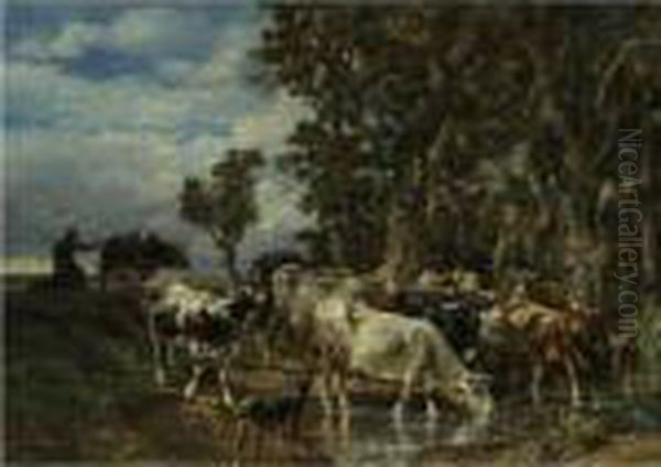 Troupeau De Vaches A L'abreuvoir Oil Painting by Charles Emile Jacque