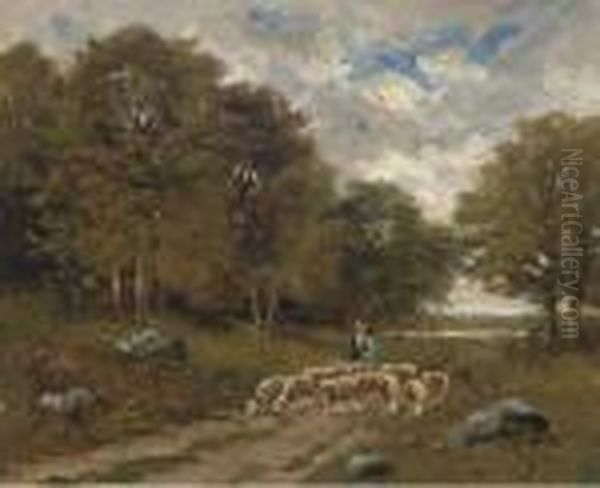 A Shepherd And His Flock Oil Painting by Charles Emile Jacque