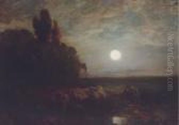 A Shepherd With His Flock Under Moonlight Oil Painting by Charles Emile Jacque