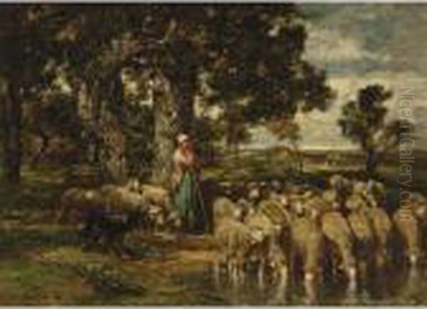 A Shepherdess With Her Flock Oil Painting by Charles Emile Jacque