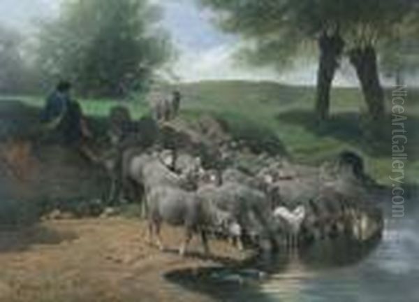 Un Berger Se Reposant Avec Ses Moutons Oil Painting by Charles Emile Jacque