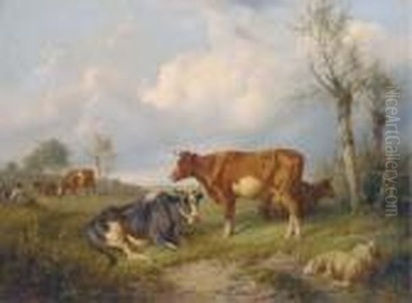 A Shepherd And His Dog With Cattle And Sheep In A Field Oil Painting by Charles Emile Jacque