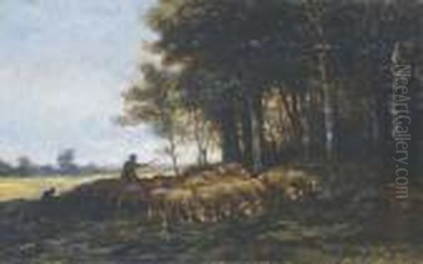 A Shepherd And His Flock At The Edge Of A Forest Oil Painting by Charles Emile Jacque